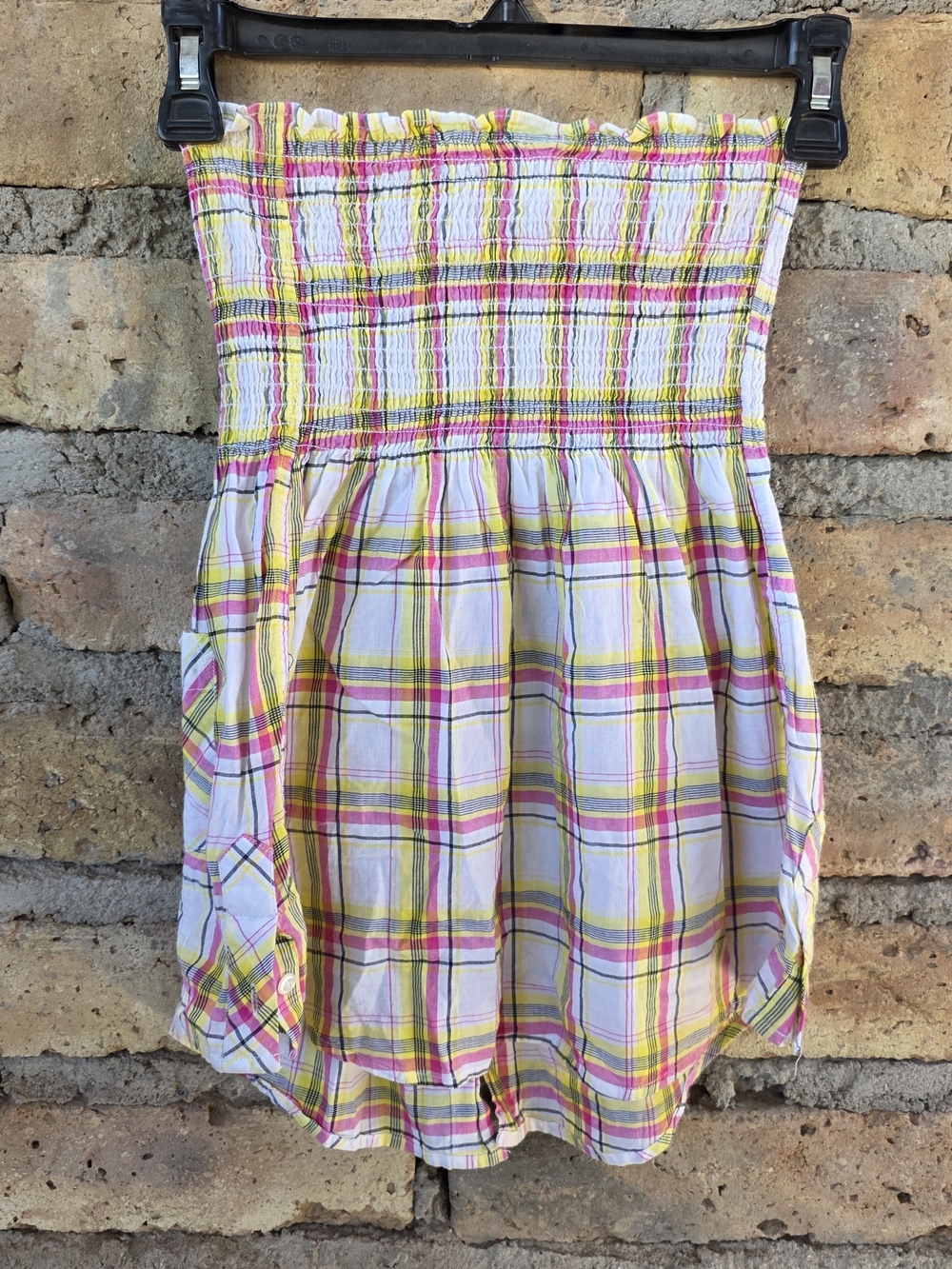 Op. Smocked Plaid Tube Top - Pink Yellow White - Size S - Picture 2 of 6